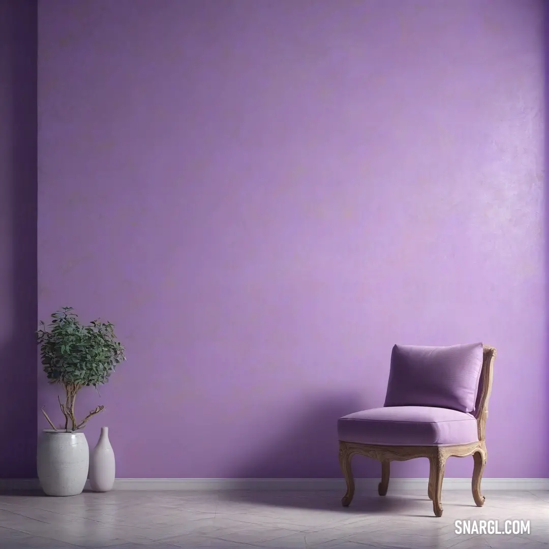 Chair and a potted plant in a room with a purple wall and flooring and a white vase. Color Bright ube.