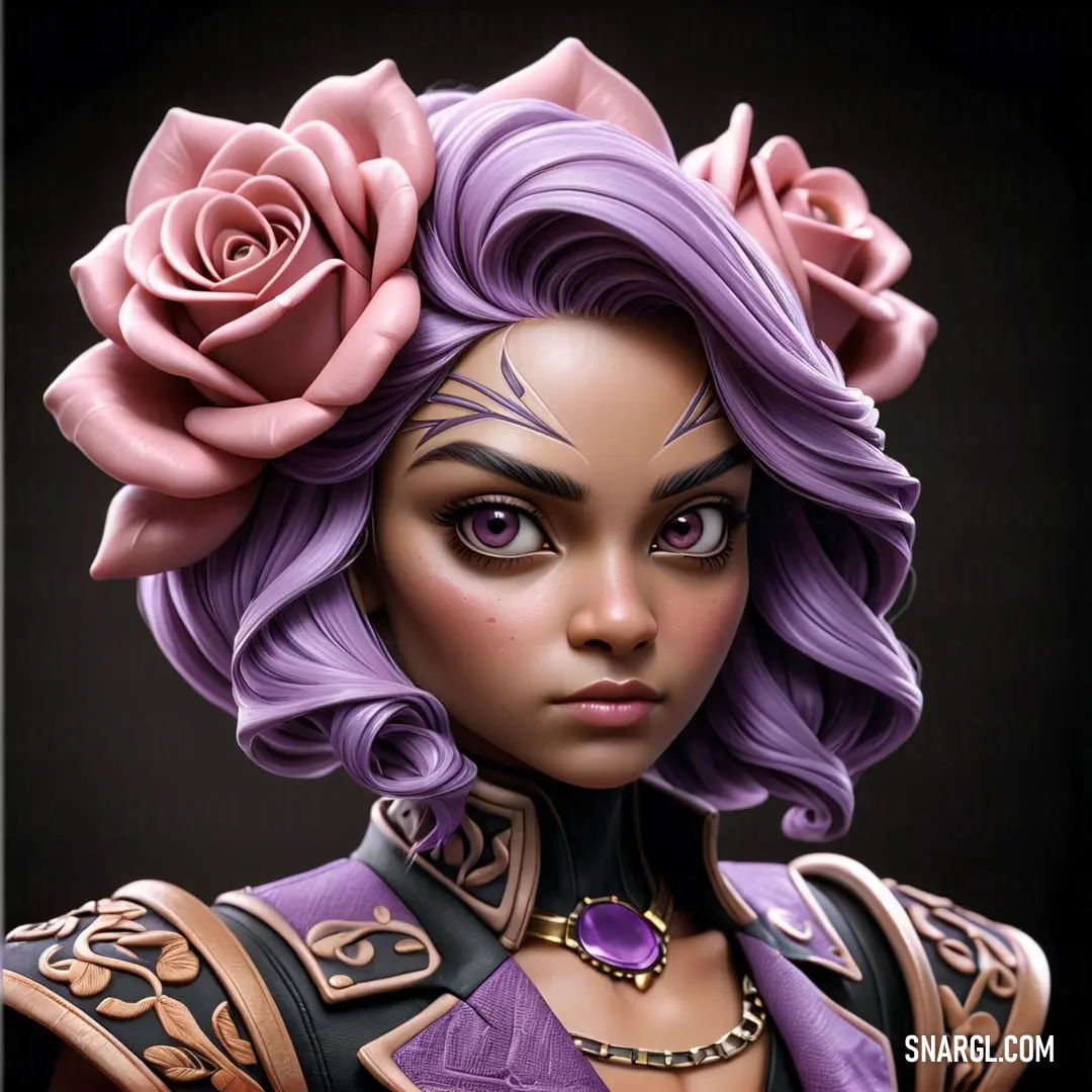 Bright ube color. Close up of a person with a flower in her hair and a purple outfit with a rose on her head