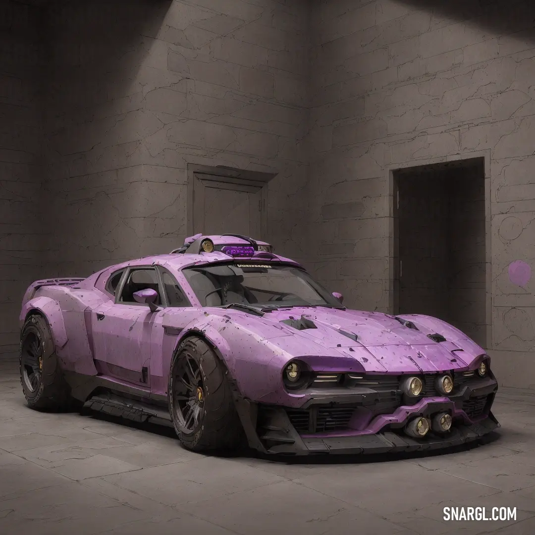 Bright ube color example: Pink car with a purple paint job parked in a building with a pink heart on the side of it