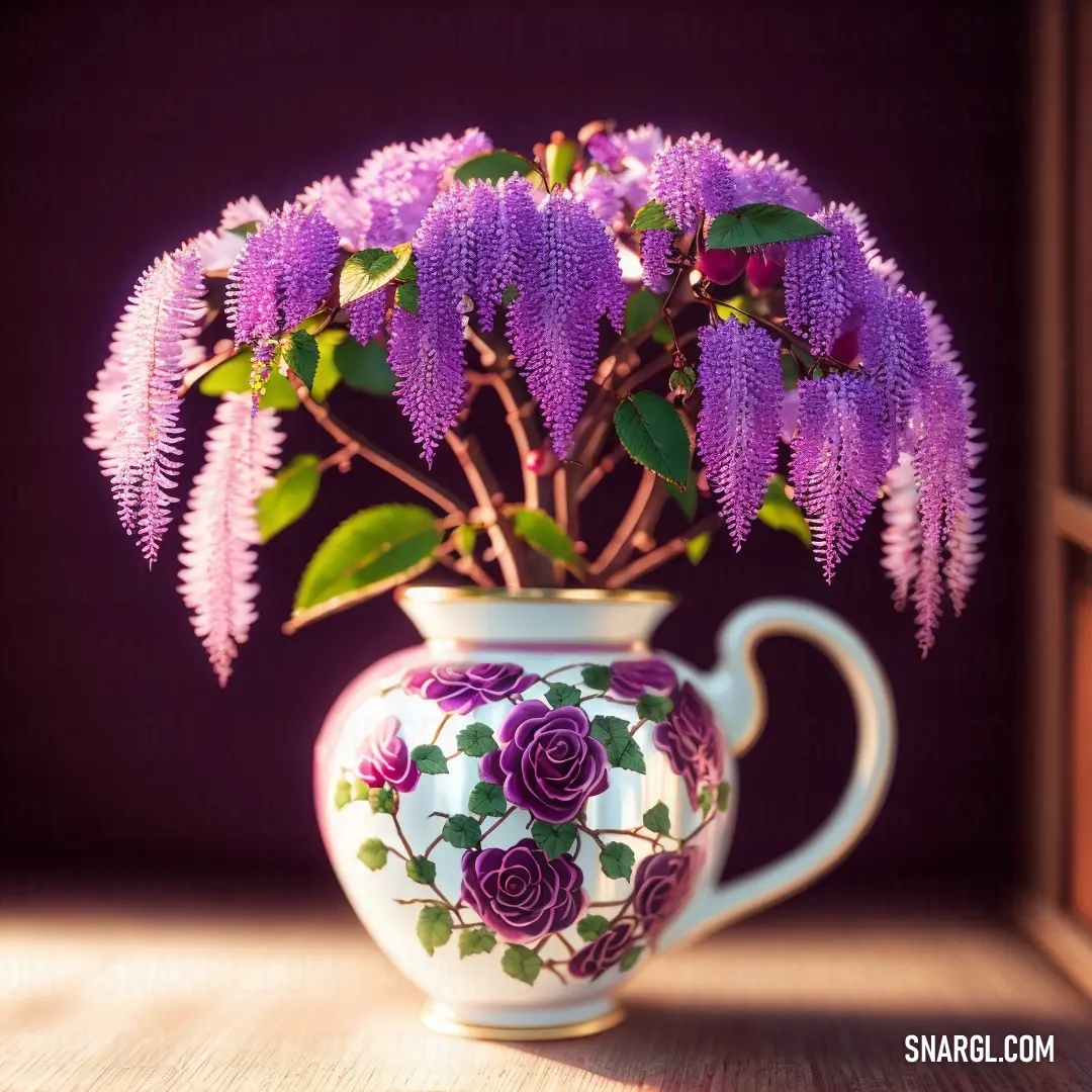 Vase with purple flowers in it on a table next to a window sill