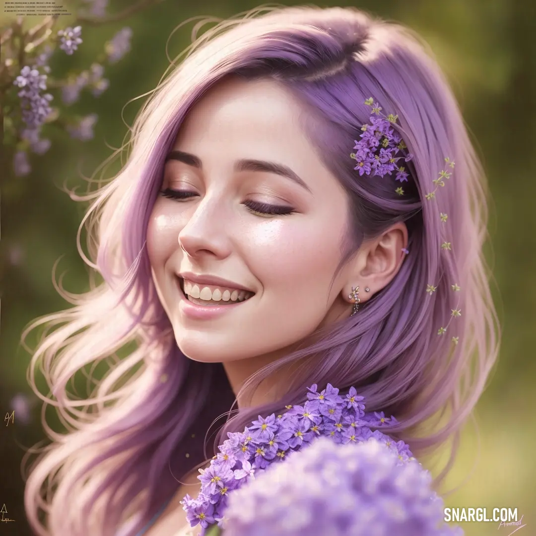 Woman with purple hair and flowers in her hair smiling at the camera with her eyes closed