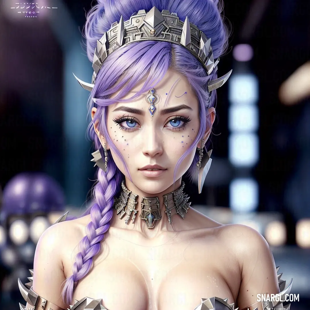 Woman with purple hair and a crown on her head and a purple dress with silver spikes on her chest