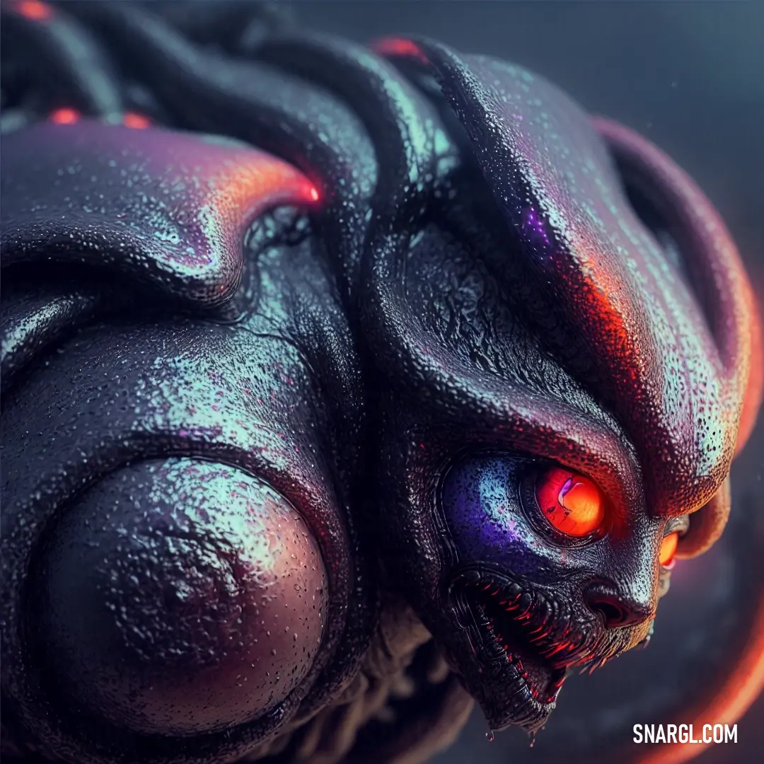 Close up of a creature with red eyes and a black body with a red light on it's head