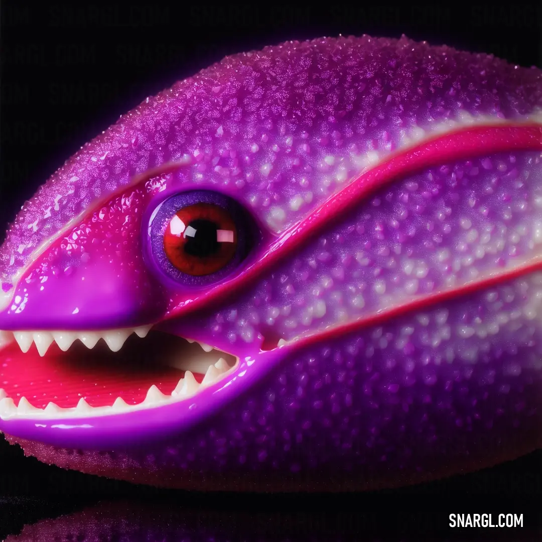 Close up of a purple object with a big eye and a mouth with a red eye and a black background