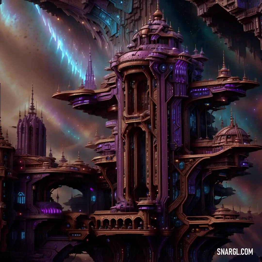 Futuristic city with a massive clock tower and a massive sky background with a lot of stars and clouds