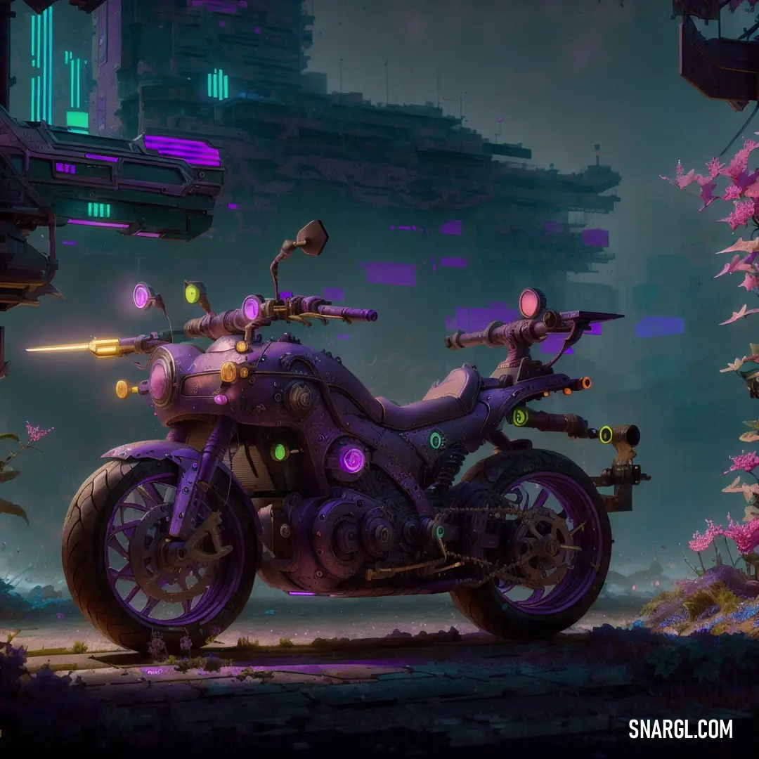 Futuristic motorcycle parked in a futuristic environment with a city in the background and a neon light on the bike