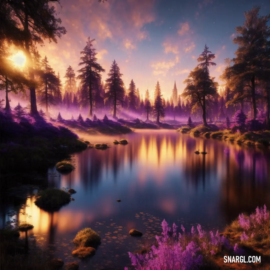 Painting of a lake surrounded by trees and flowers at sunset with a purple sky and clouds in the background