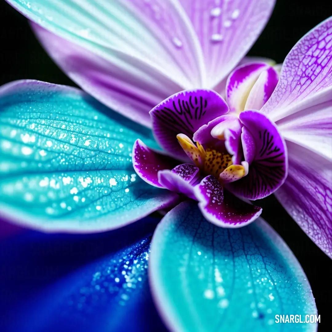 Purple and blue flower with water droplets on it's petals and petals are shown in close up