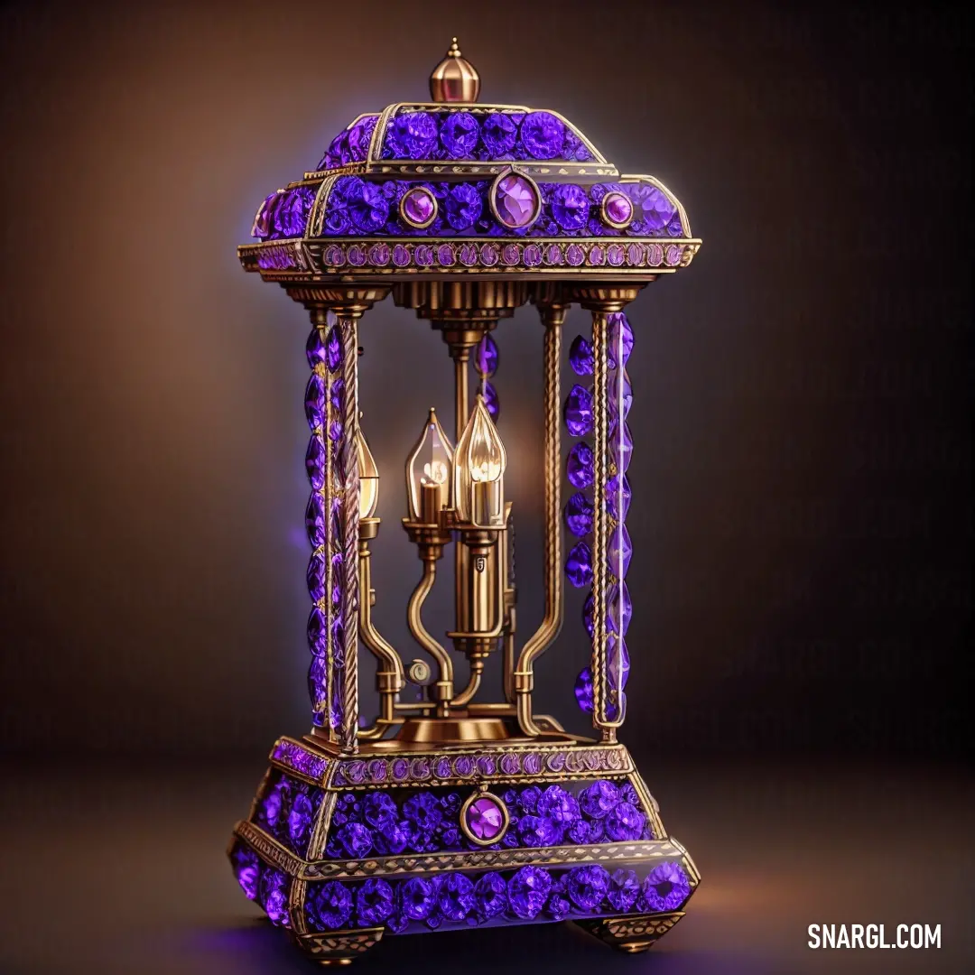 Purple and gold lamp with three candles on it's sides and a purple background