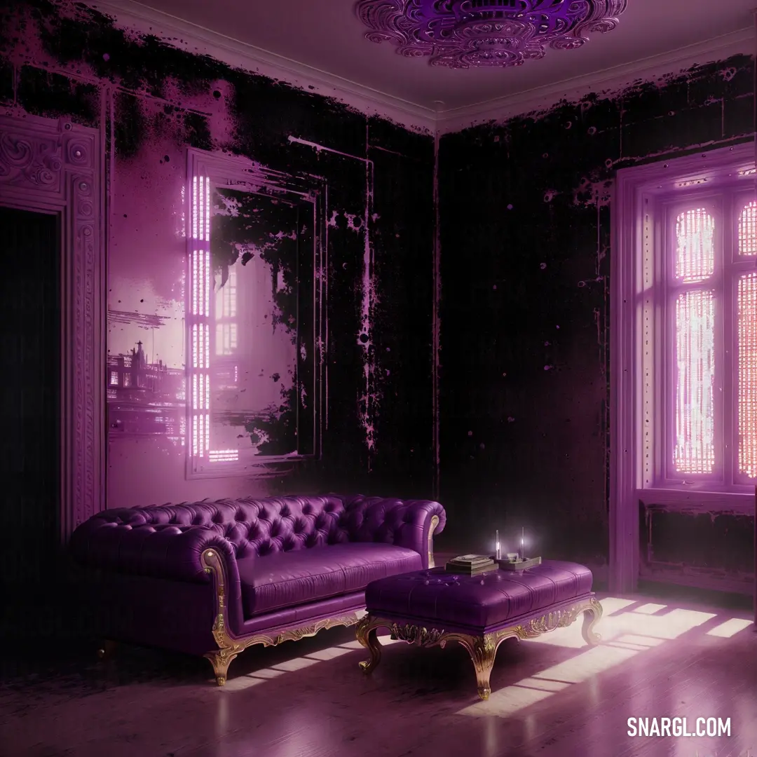 Purple couch and ottoman in a room with a purple light coming through the window