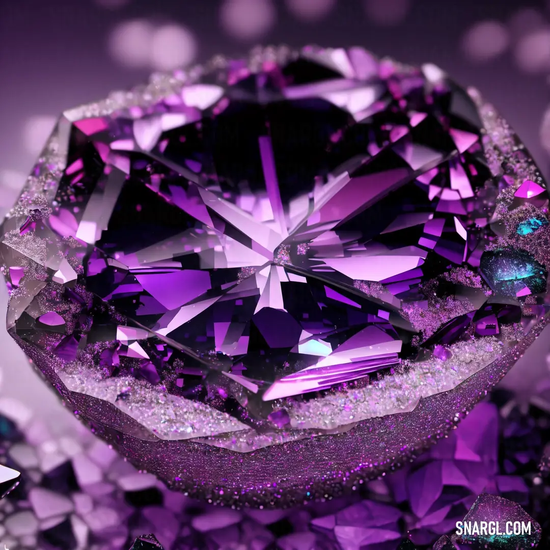 Purple diamond surrounded by purple and white crystals on a purple background with stars and bubbles around it
