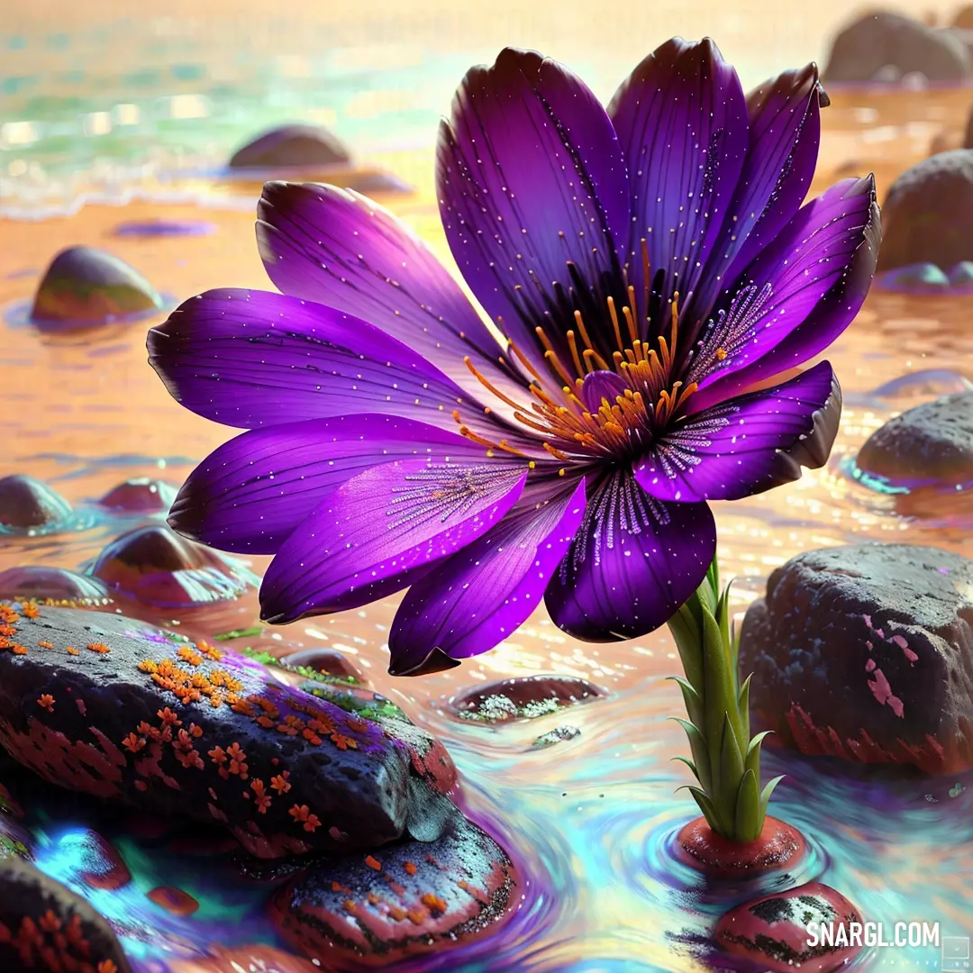 Purple flower on top of a rock covered ground next to water and rocks with water droplets on them