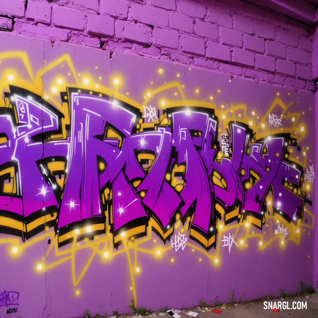 Purple wall with graffiti on it and a brick wall behind it with a purple wall and yellow