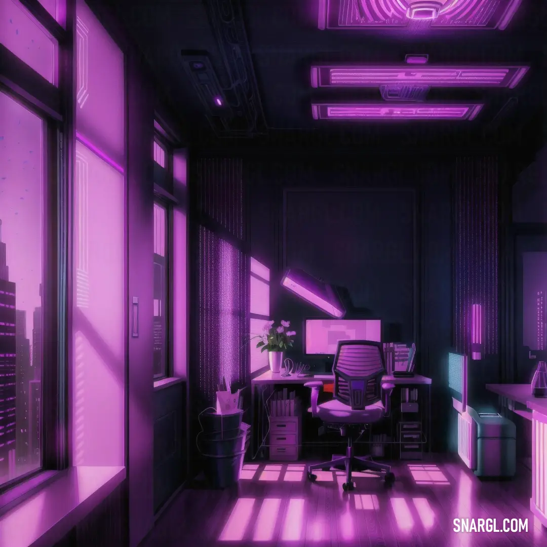 Room with a desk and a chair in it with a purple light on the ceiling and a window