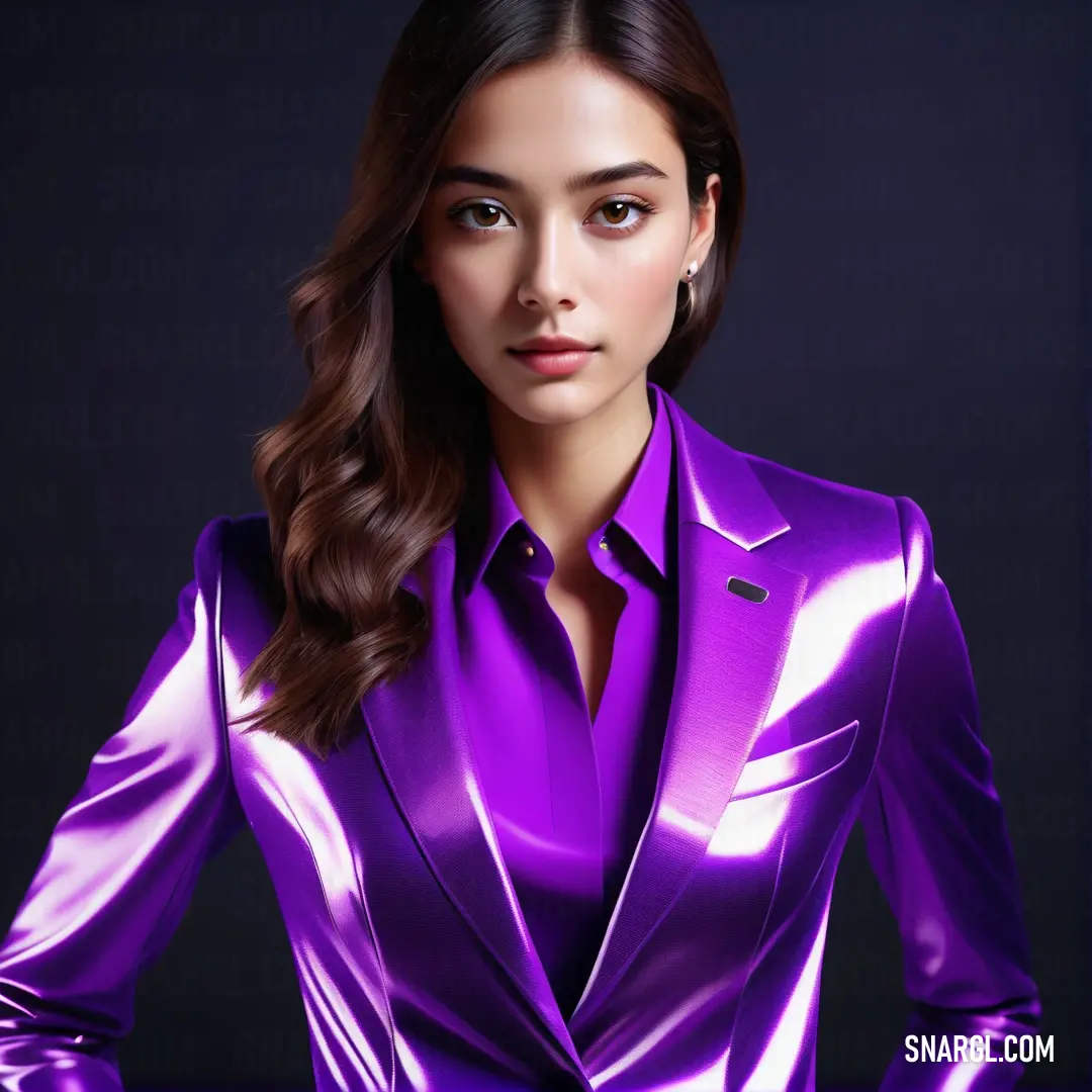Woman in a purple suit posing for a picture with her hands on her hips