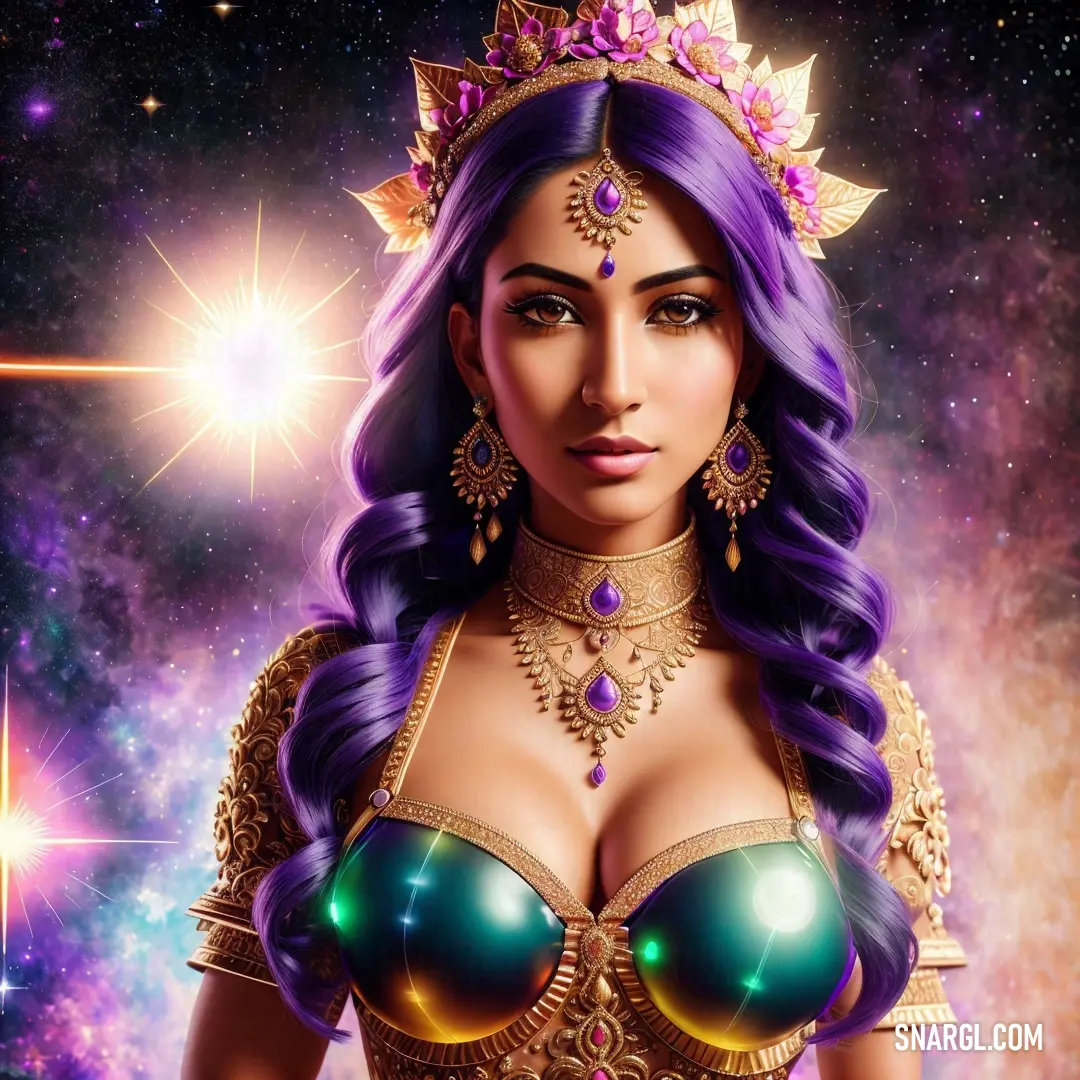 Woman with purple hair wearing a tiara and a bra with jewels on it in front of a star filled sky