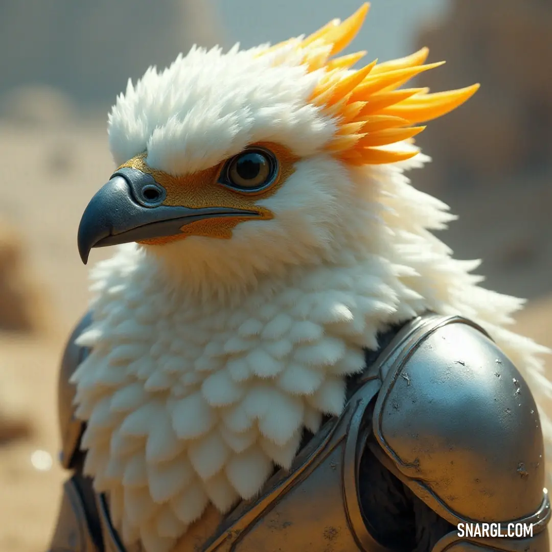 A fierce Brightfeather, outfitted in armor with a yellow mohawk, stands poised for action, ready to face the adventure that awaits. A close-up of a Brightfeather in full battle gear, wearing a detailed helmet and armor. Its striking yellow mohawk adds a touch of boldness to the serious expression, preparing for whatever challenge lies ahead.