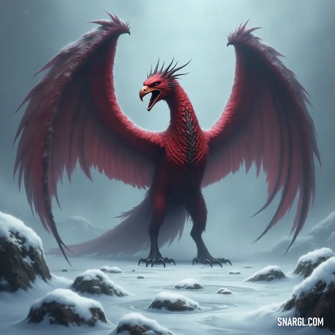 This captivating image features a Red Brightfeather in a tranquil snowy environment, where its large wings and vibrant presence create a stunning contrast against the pristine backdrop of rocks and snow. A Red Brightfeather with majestic wings stands poised in a serene, snowy landscape. The delicate interplay of white snow and rocky terrain serves as a perfect backdrop, complementing the bird's vivid colors and graceful posture.