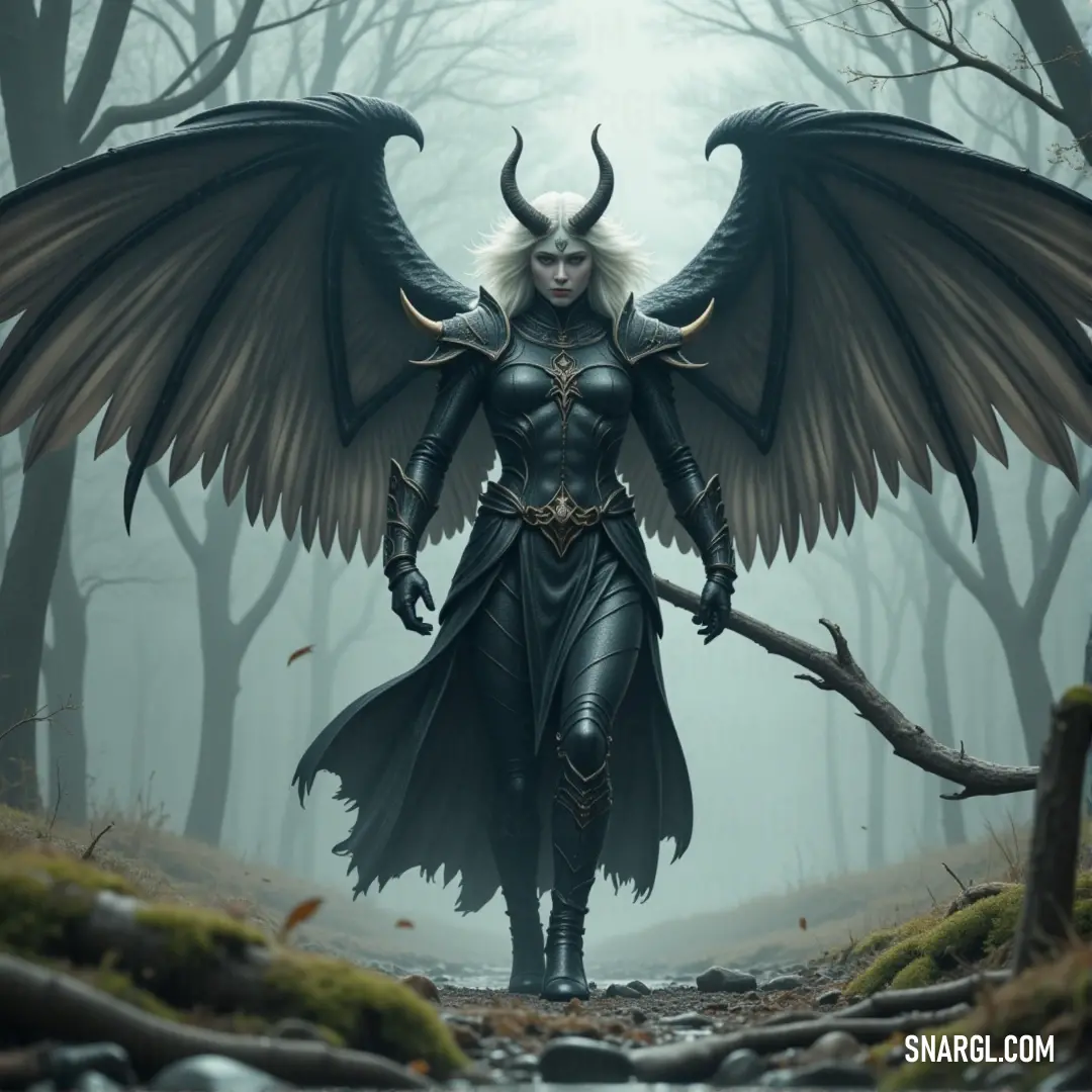 Brigitte, wings spread wide, stands tall in a lush forest surrounded by towering trees and rocky terrain. The natural world seems to bow to her power as she confidently surveys her surroundings.