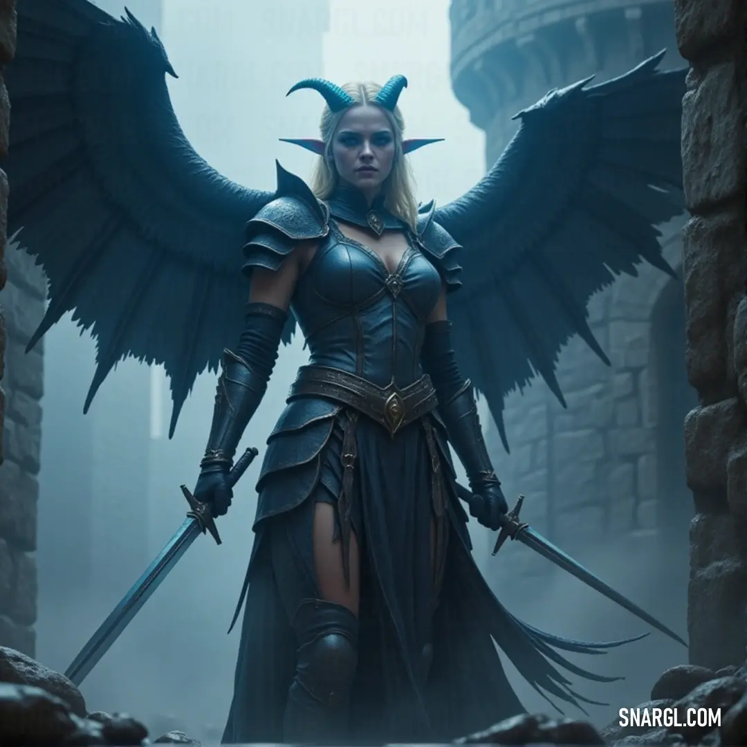 Brigitte, sword in hand and wings spread, stands in the doorway of an ancient castle, a warrior ready to enter unknown realms. Brigitte, now fully transformed with wings and sword, stands in a grand castle doorway, ready to defend or embark on her next quest. The castle's looming structure and the shadows cast by the doorway add a sense of mystery to her presence.