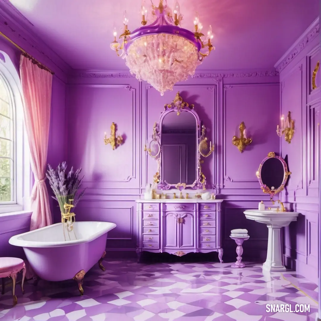 Bathroom with a purple wall and a chandelier and a white bathtub in the middle of the room. Example of RGB 244,187,255 color.