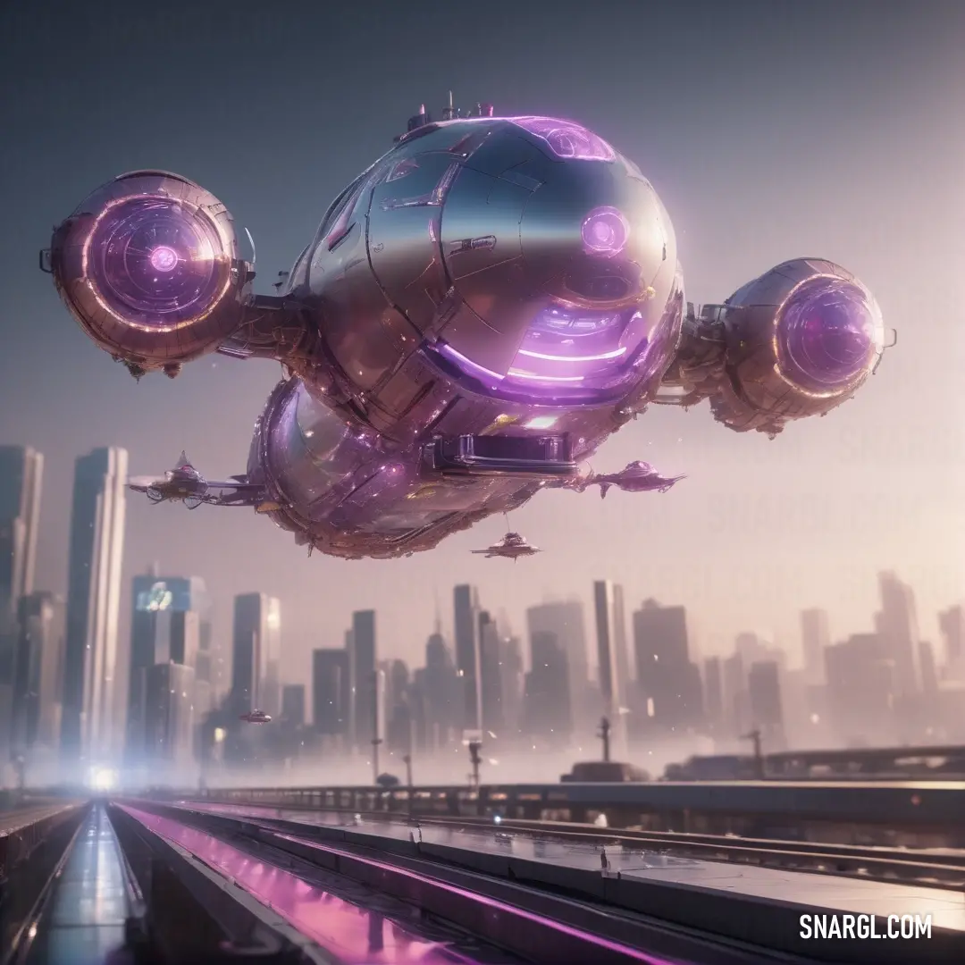 Futuristic city with a futuristic flying object in the sky above a train track and a cityscape. Color Brilliant lavender.