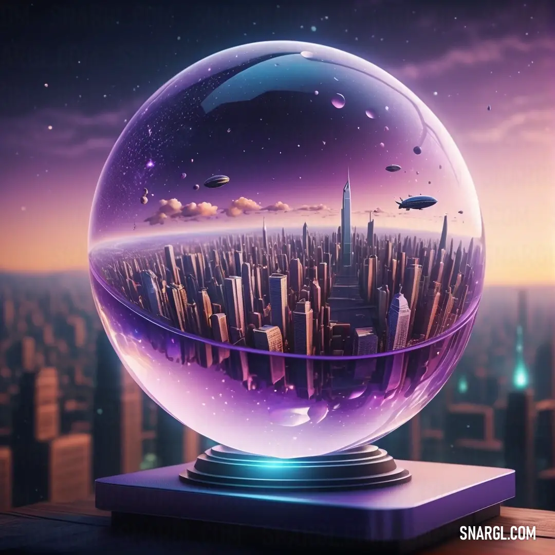 Glass globe with a city in it on a table in front of a cityscape with a purple sky. Color Brilliant lavender.