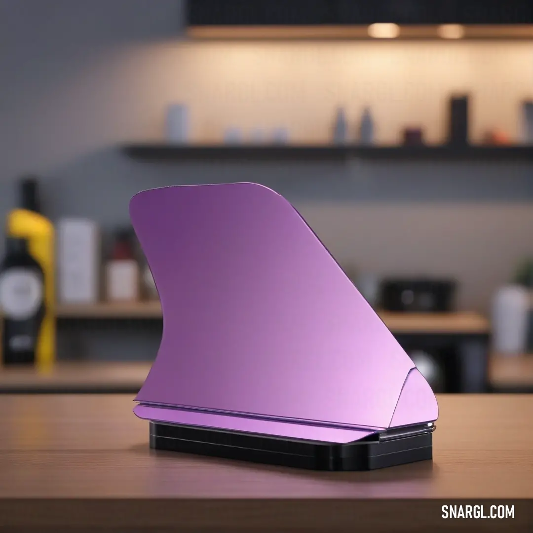 Purple laptop on a wooden table in a room with a shelf and a shelf behind it with bottles. Color #F4BBFF.