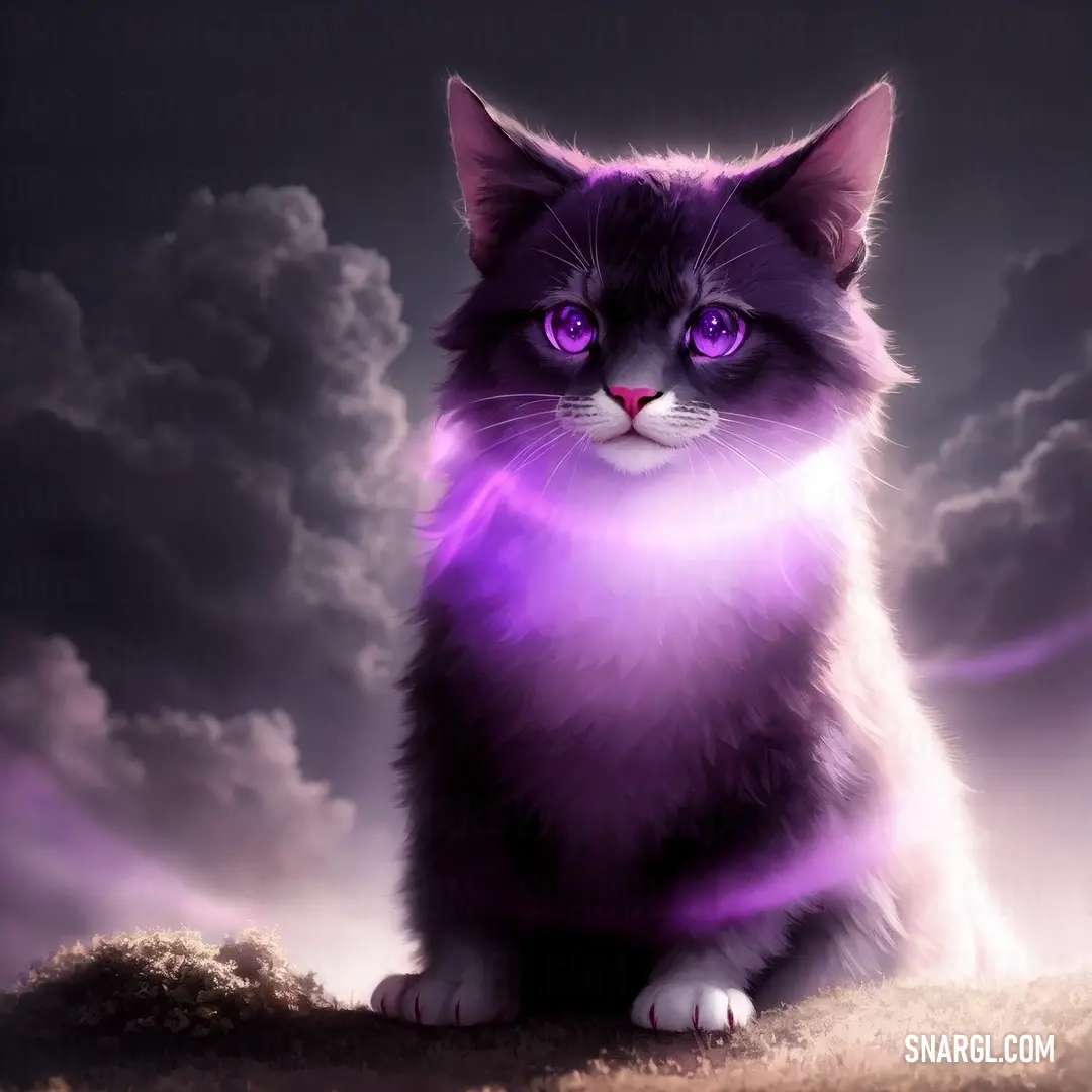 Cat with purple eyes on a rock in the sky with clouds in the background