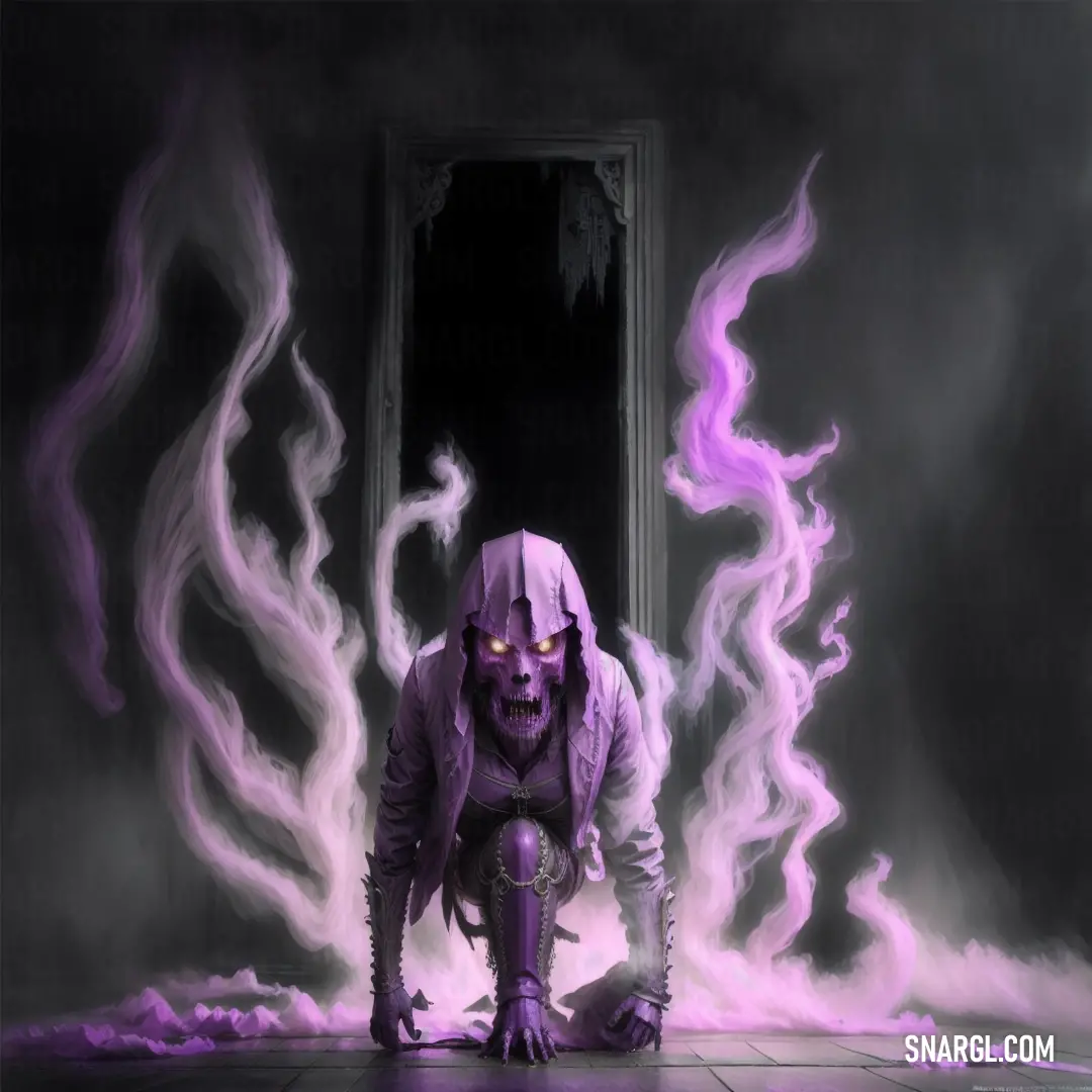 Creepy looking man kneeling down in front of a door with purple smoke coming out of it and a doorway in the background