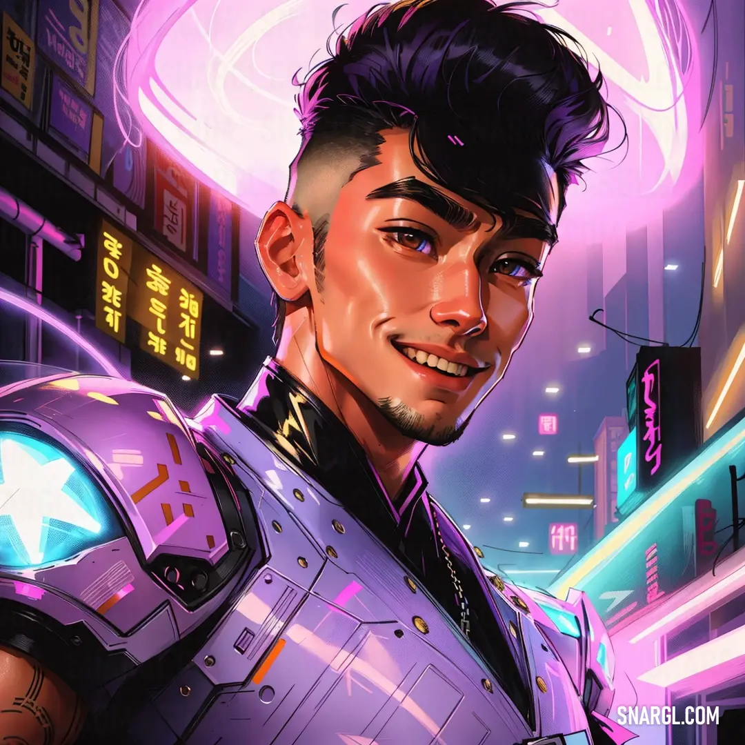 Man in a futuristic suit with a neon background and a neon city in the background