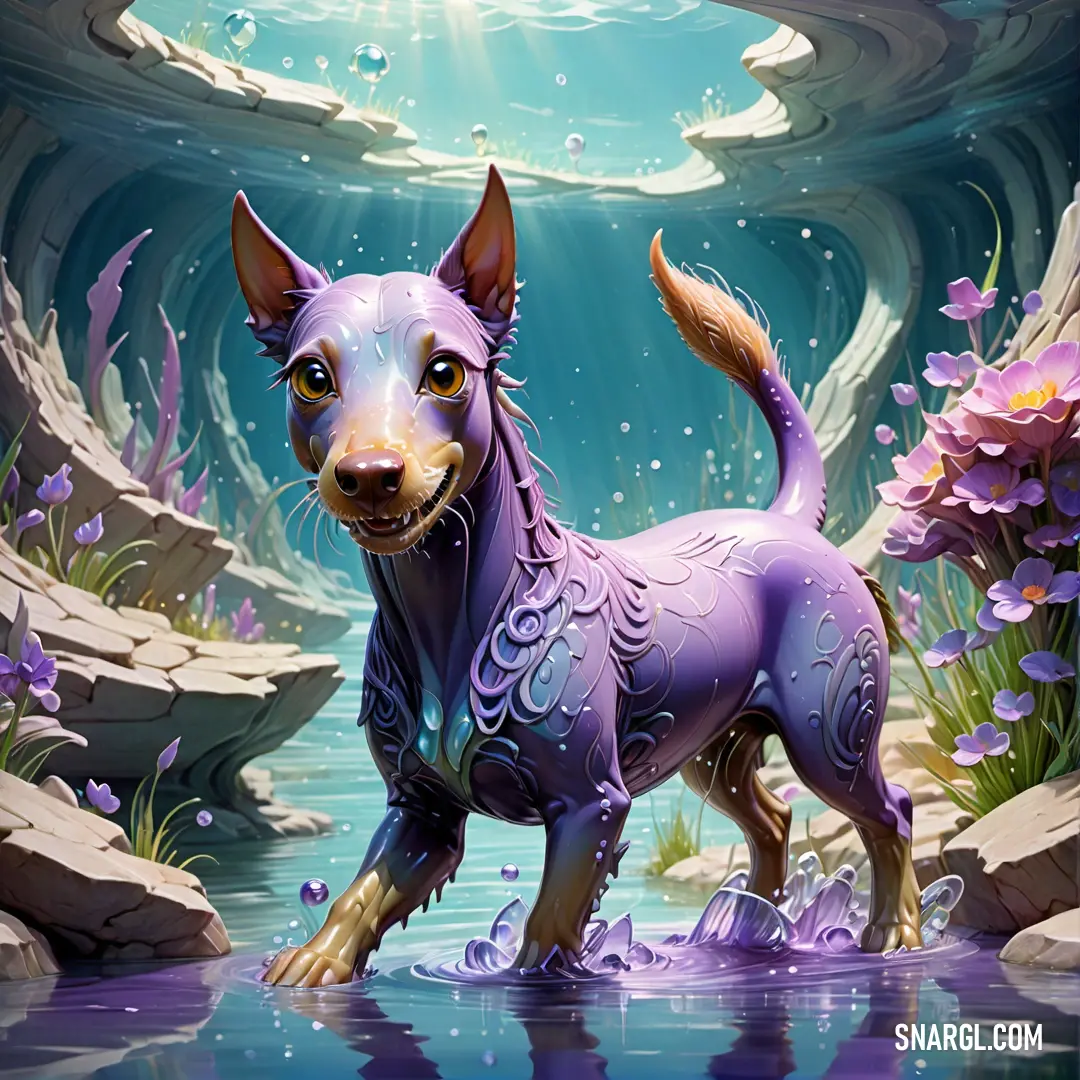 Brilliant lavender color example: Painting of a dog in a cave with water and rocks and flowers around it, with a blue background