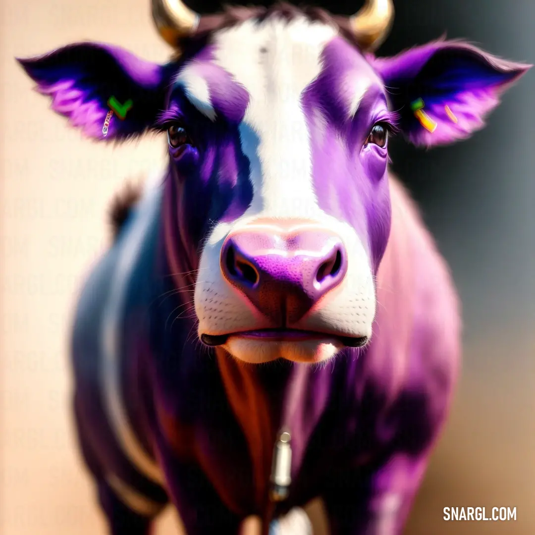 Purple cow with horns and a bell around its neck is looking at the camera with a smile on its face. Example of RGB 244,187,255 color.