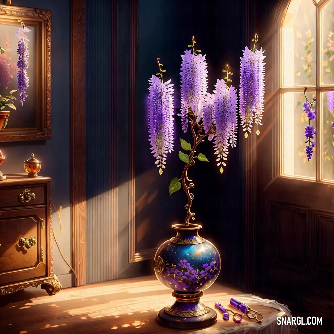 Vase with purple flowers in it on a table next to a dresser and a mirror with a picture of a house