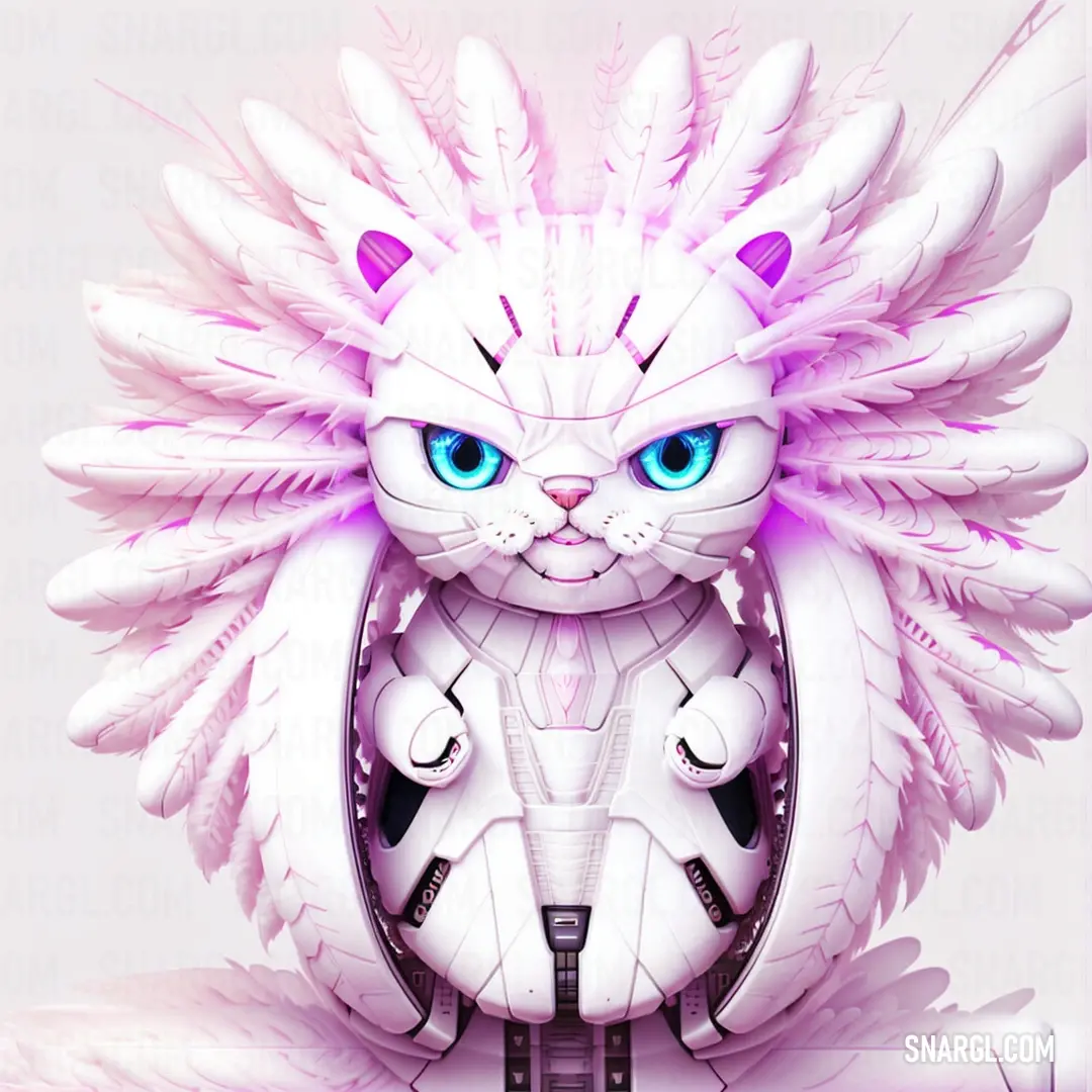 White cat with blue eyes and wings on its head is surrounded by a white object with a pink background