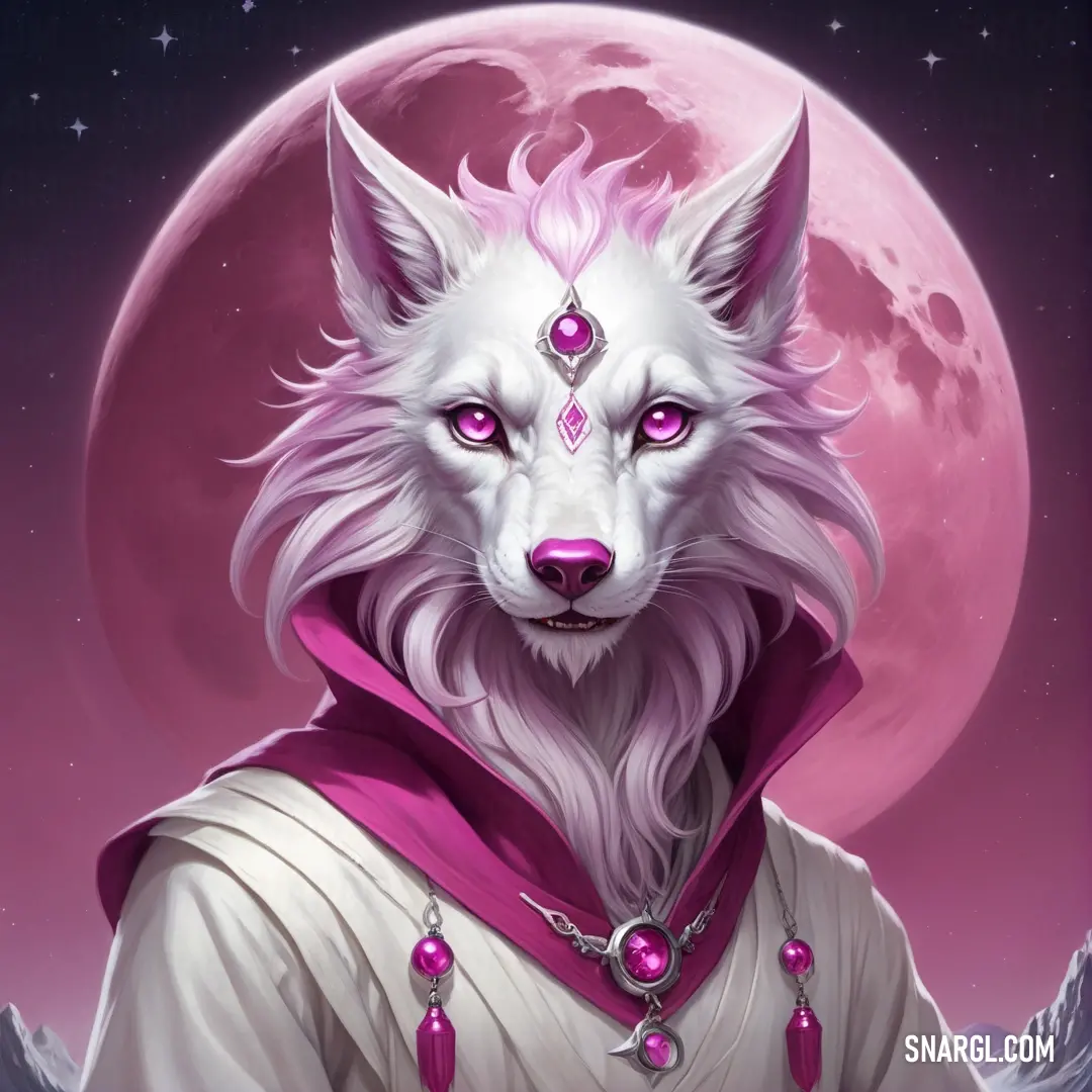 White wolf with pink eyes and a pink hoodie on. Example of RGB 244,187,255 color.