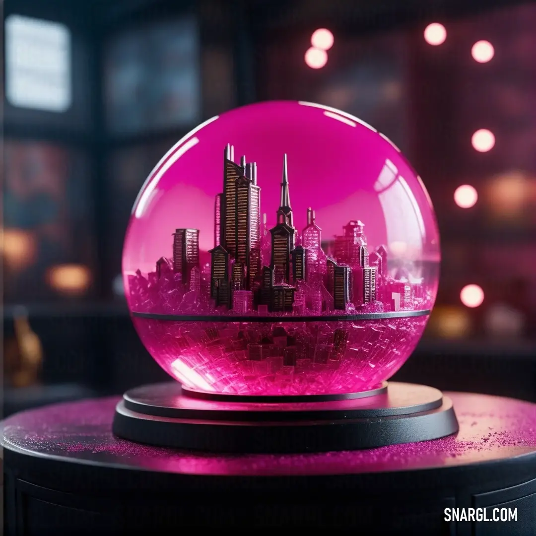 Glass ball with a city in it on a table in a room with lights and a window behind it. Color #FF55A3.