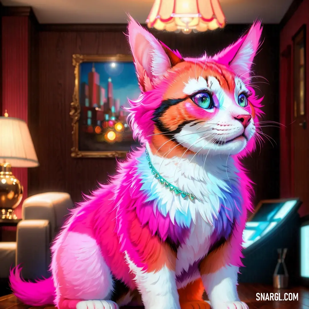 Cat with a pink and blue face on a table in a living room with a lamp on