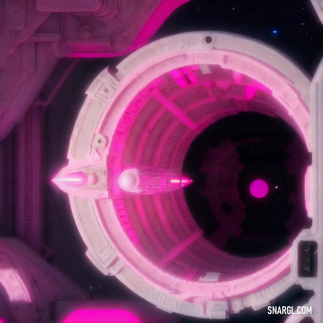Futuristic looking space station with a pink light in the center of it