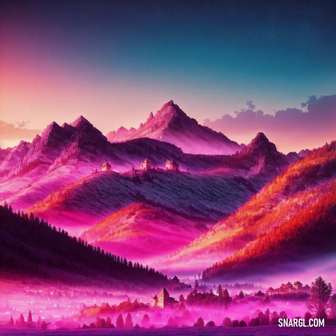 Painting of a mountain range with a sunset in the background and a pink sky in the foreground