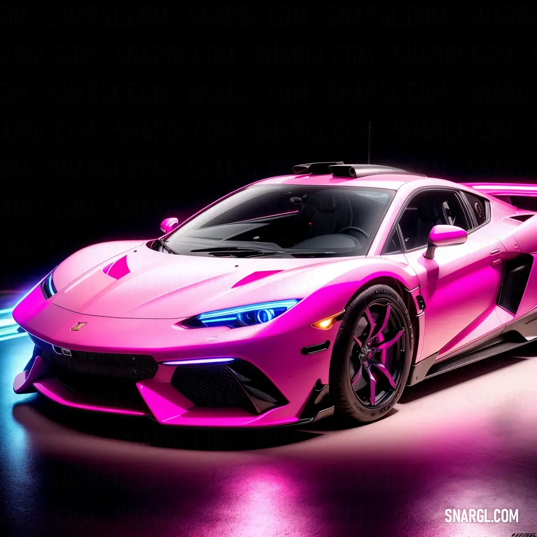 Pink sports car is parked in a dark room with a neon light on it's side and a black background
