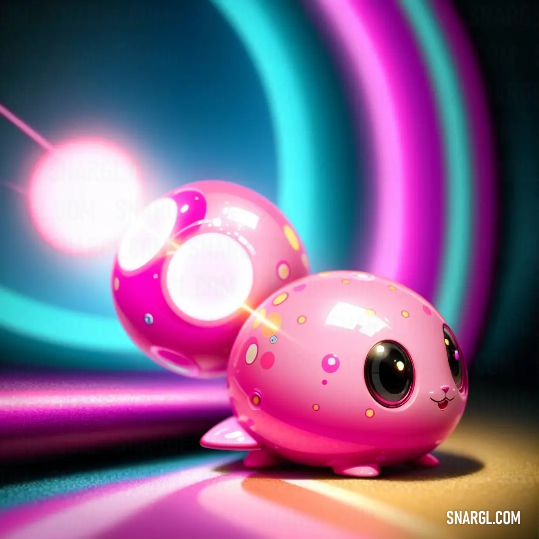 Pink toy with a big eye and a smaller one with a light on it's side and a bright background