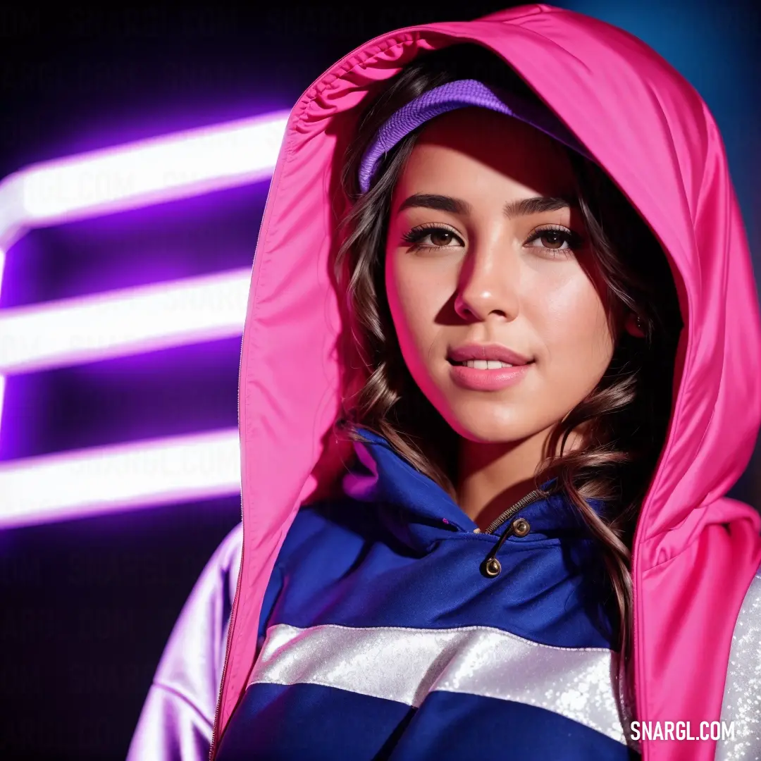Woman in a pink and blue jacket and hoodie looking at the camera with a neon background behind her