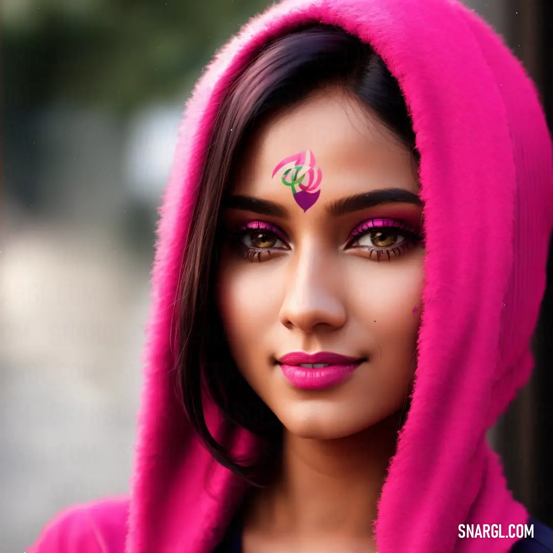 Woman with a pink hoodie and a pink flower on her forehead and eyes is looking at the camera