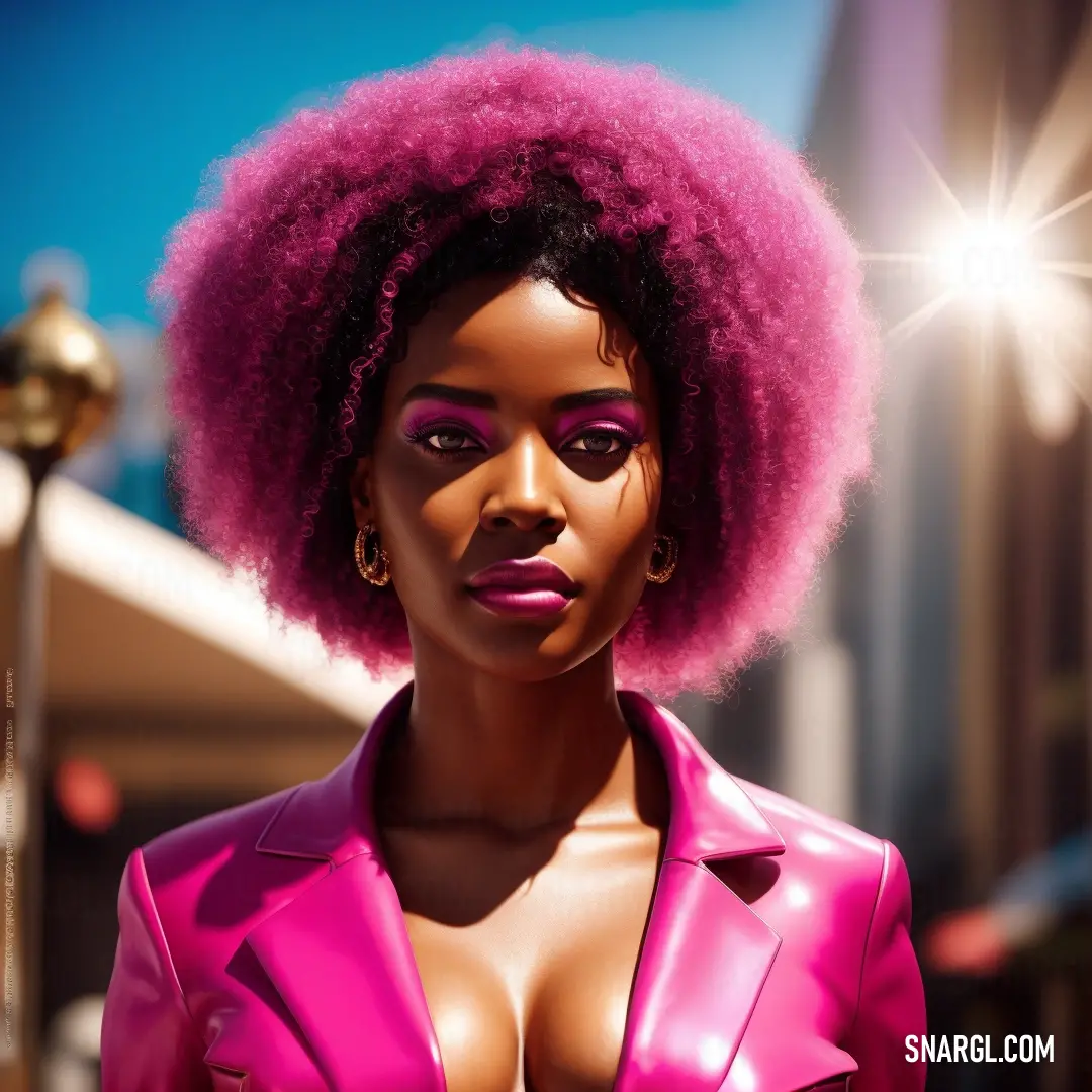 Woman with a pink suit and pink hair is standing in the street with a bright pink afro on her head