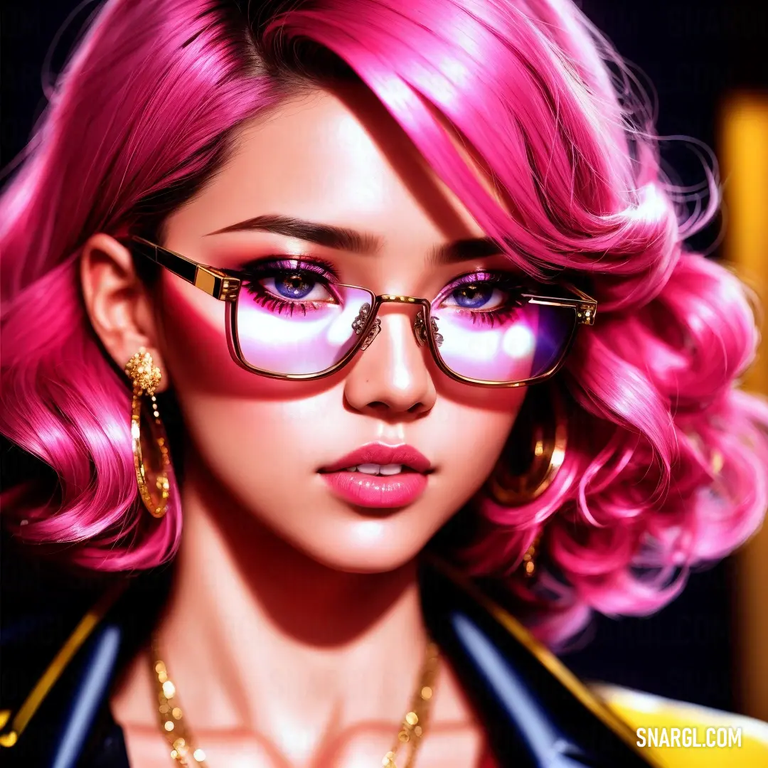 Woman with pink hair and glasses on her face and wearing a necklace and earrings