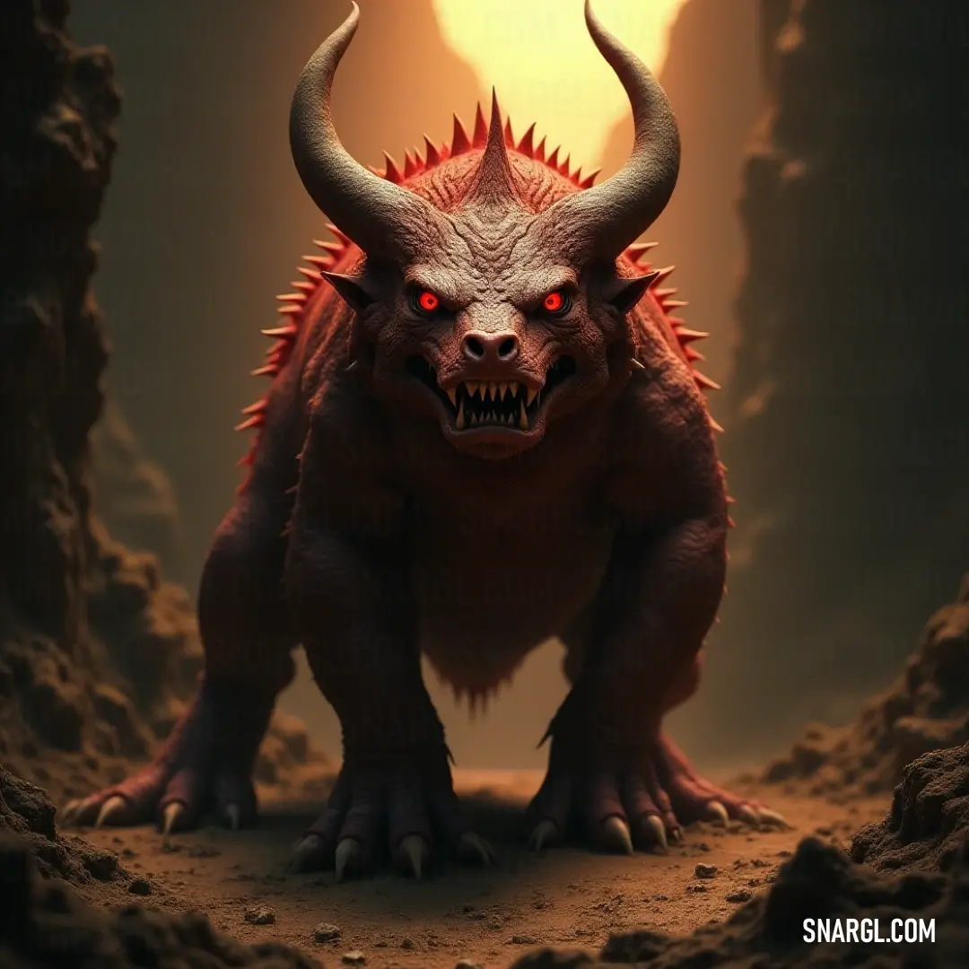 The menacing Brimstoneclaw amidst the shadows of a dark cave, illuminated by an eerie glow. A fearsome Brimstoneclaw with demonic features, glowing red eyes, and intimidating horns stands in a dark cave, where a mysterious glowing light creates a dramatic contrast, enhancing the menacing ambiance of this otherworldly creature.