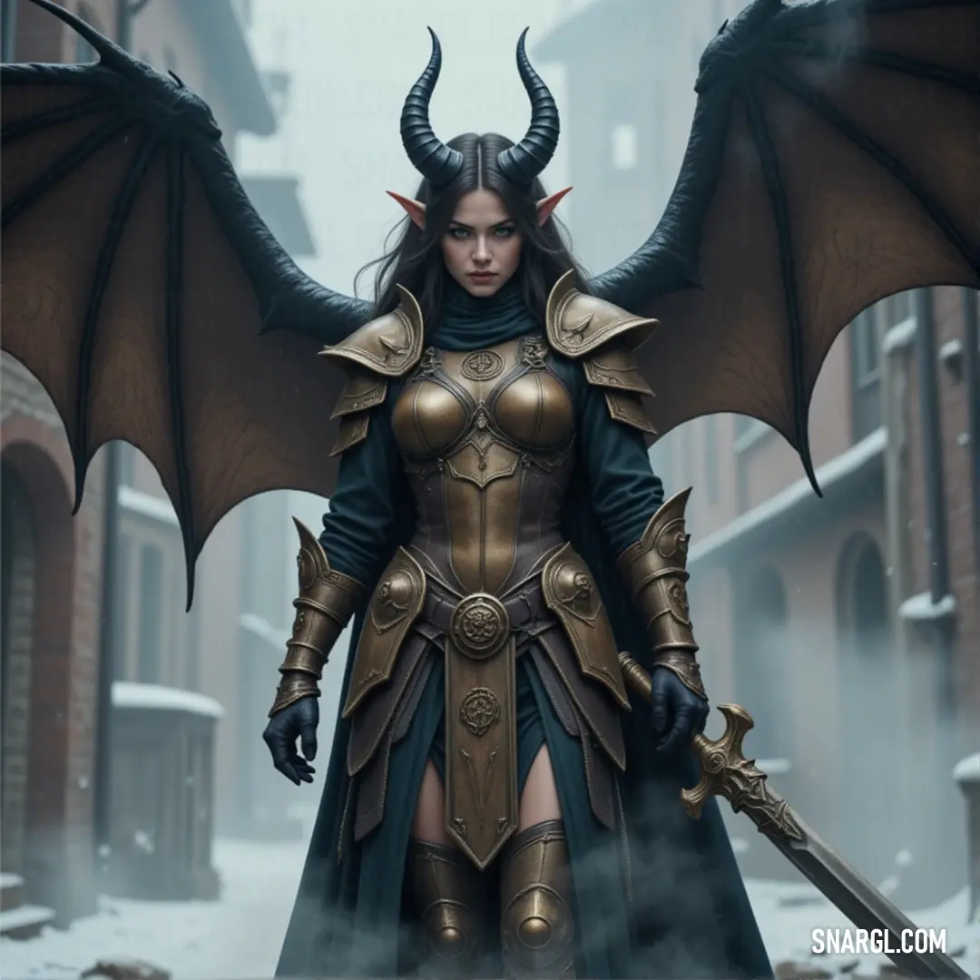 Brina, with wings and horns, stands confidently holding a sword, exuding both strength and elegance. Brina, with horns and wings, holds a sword in her hand as she stands tall. Her costume, both fierce and elegant, complements her confident stance, portraying her as a warrior who embraces both beauty and strength in her every move.