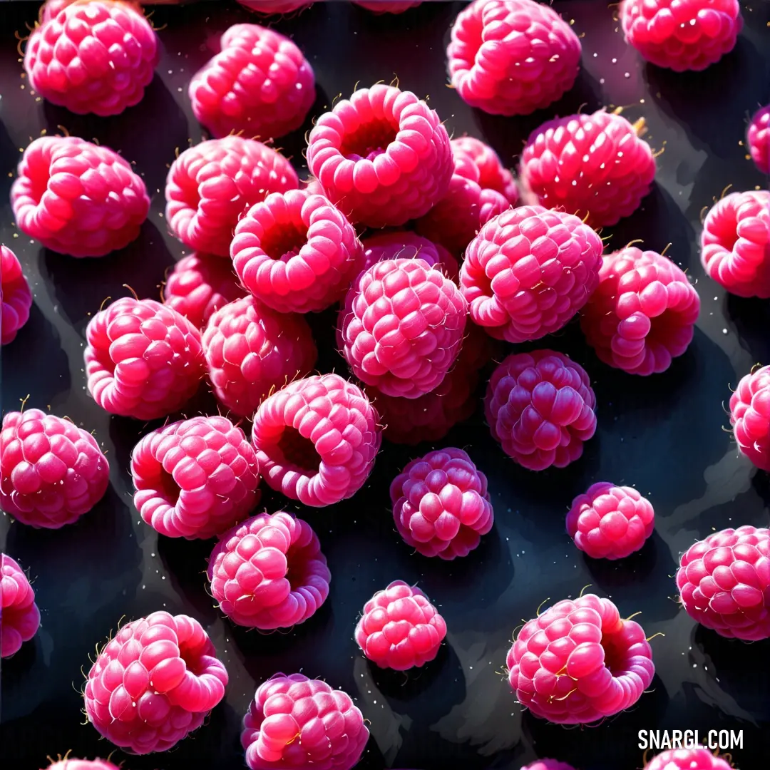 Bunch of raspberries are shown in this picture. Color CMYK 0,62,49,2.
