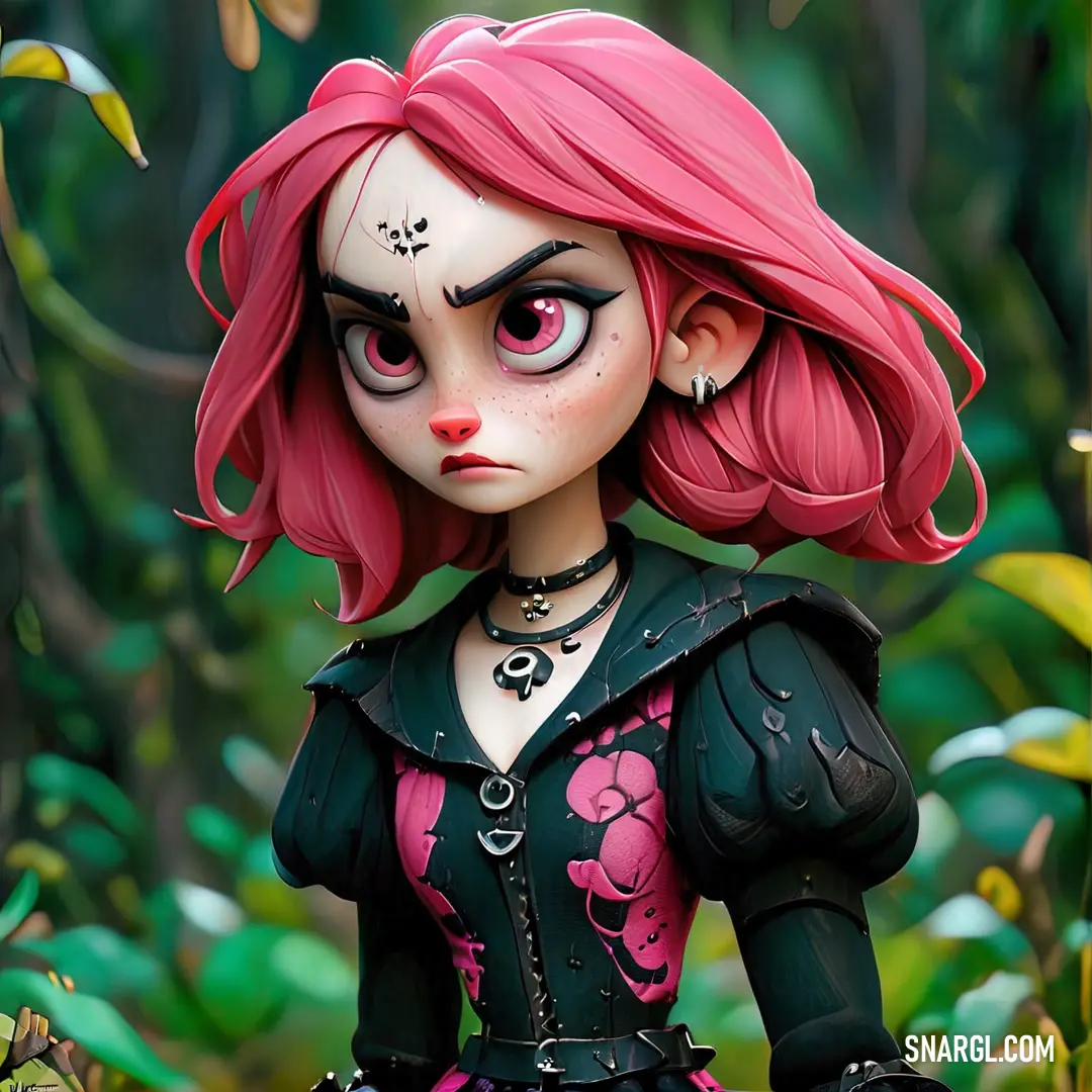 Doll with pink hair and black dress in a forest with leaves and flowers on it's head. Color #FB607F.